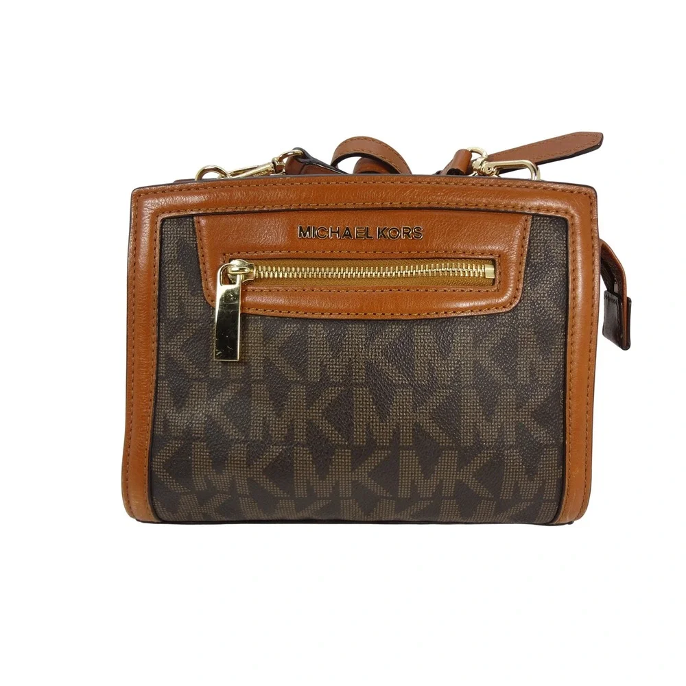 Michael Kors Signature‎ Selma Zip Logo Medium Messenger Bag Brown Leather Trim